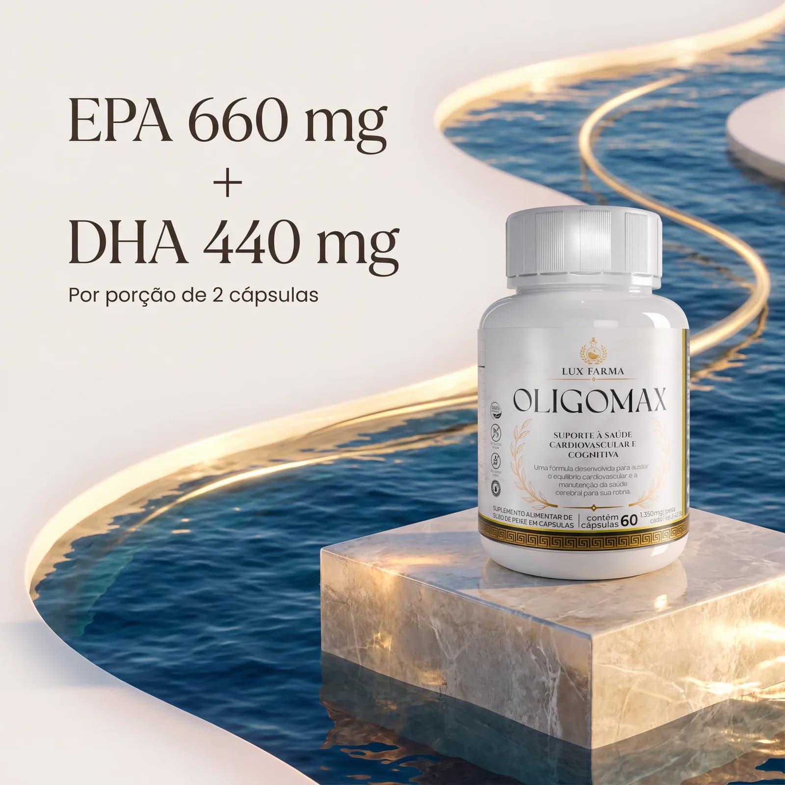660 mg de EPA + 440 mg de DHA. Declarados no rótulo.
